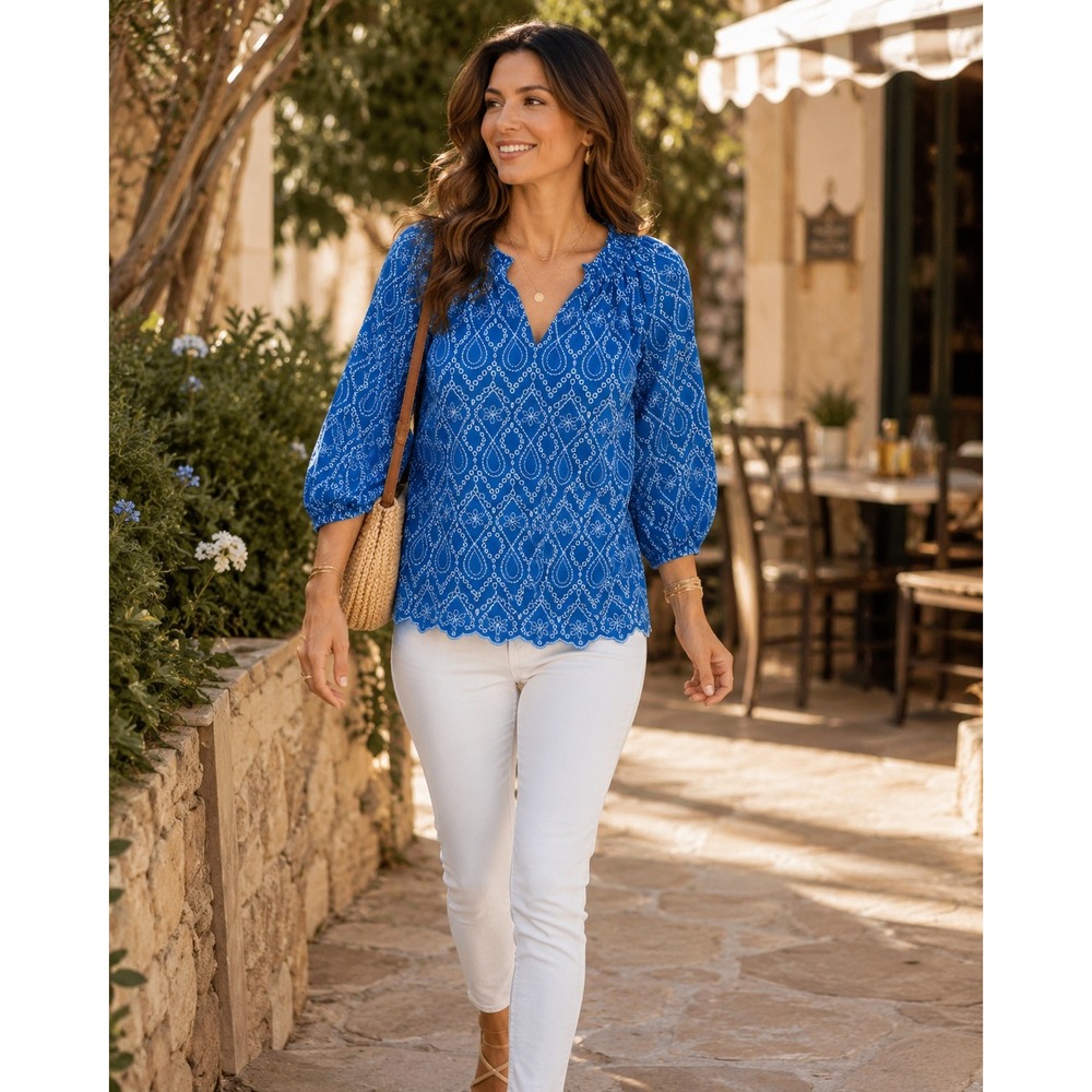 Shoshanna Blue Eyelet Embroidered Blouse Puff Sleeve Smocked Top XS Romantic